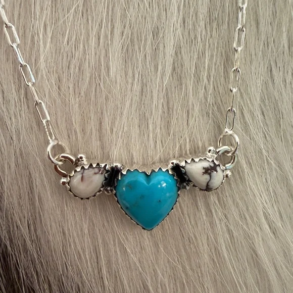 ❤️Kingman Heart Turquoise & Wild Horse Jasper 16+2” Adjustable Sterling Necklace - Picture 3 of 16